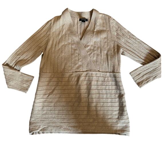 Style & Co Gold Metallic Ribbed Knit V-Neck Top 2X Sweater Long Sleeve - Picture 2 of 4